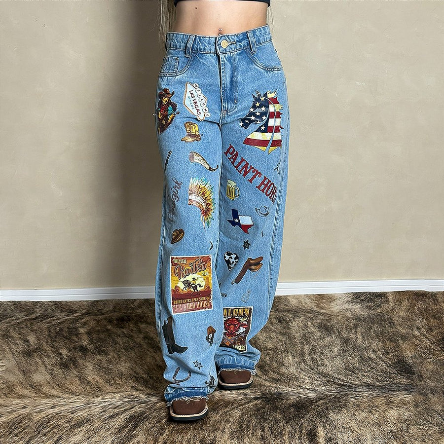 Calça Jeans Country Feminina Wide Leg Estampada Cargo Paint