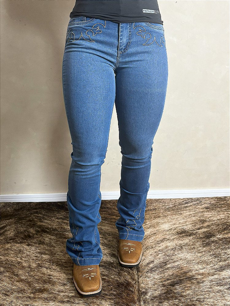Calça Jeans Flare Feminina Country Bordada Rodeio Cós Alto