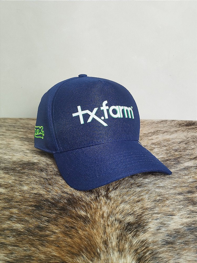 Boné Country Tx Farm Original Logo Escrito Azul e Branco