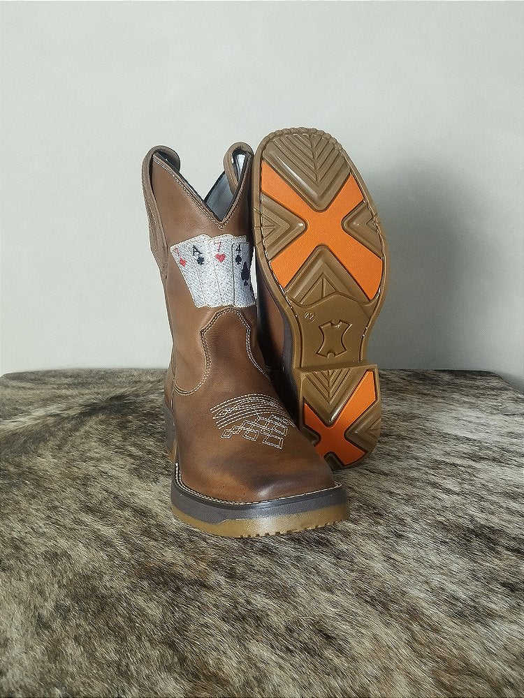 Bota Texana Masculina Couro Cano Alto Solado Jump Baralho