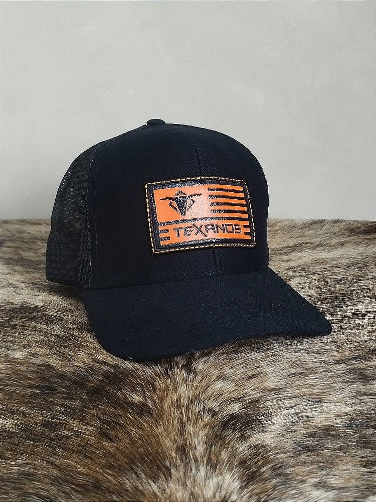 Boné Country Redinha Aba Curva Texanos Trucker Preto Laranja