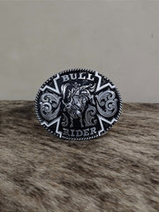 Fivela Bull Rider Preta e Prata Oval Master Country Western