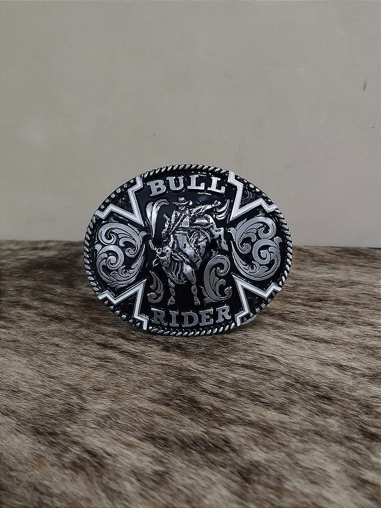 Fivela Bull Rider Preta e Prata Oval Master Country Western
