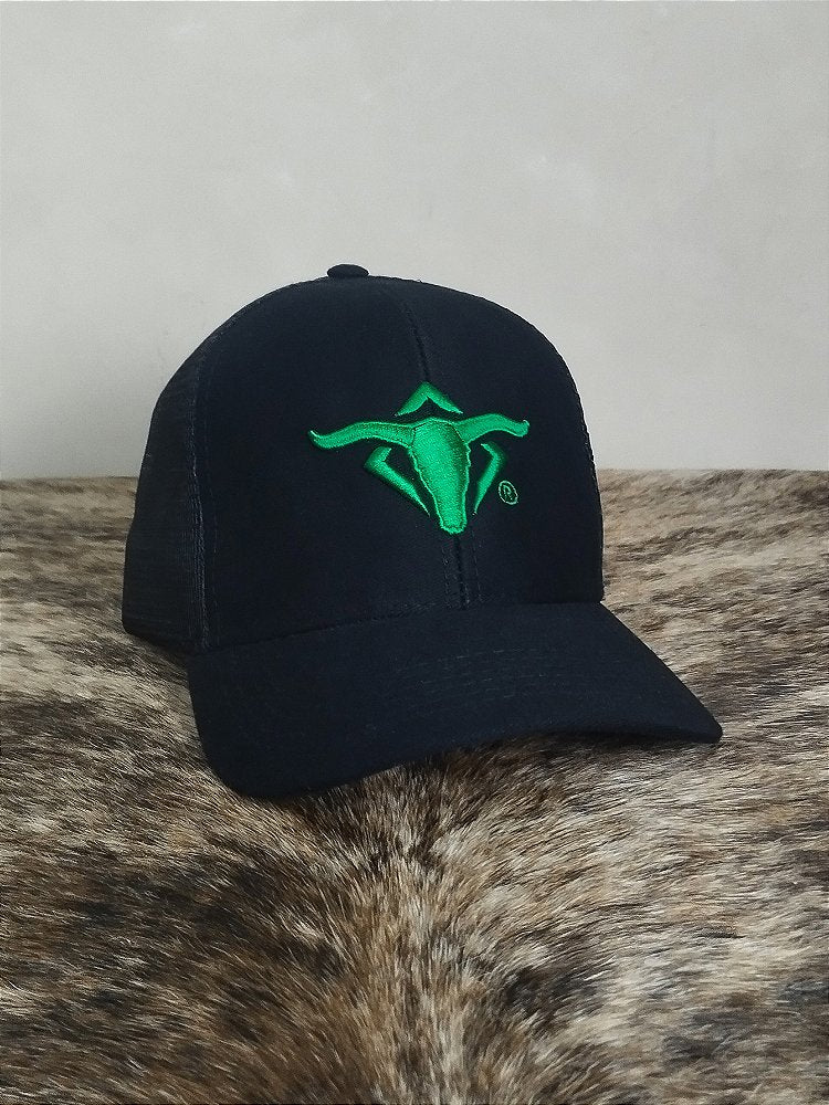 Boné Country Telinha Aba Torta Texanos Rodeio Preto Verde