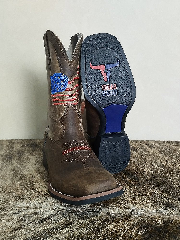 Bota Texana Masculina Texas Rodeo Couro Legítimo Marrom EUA