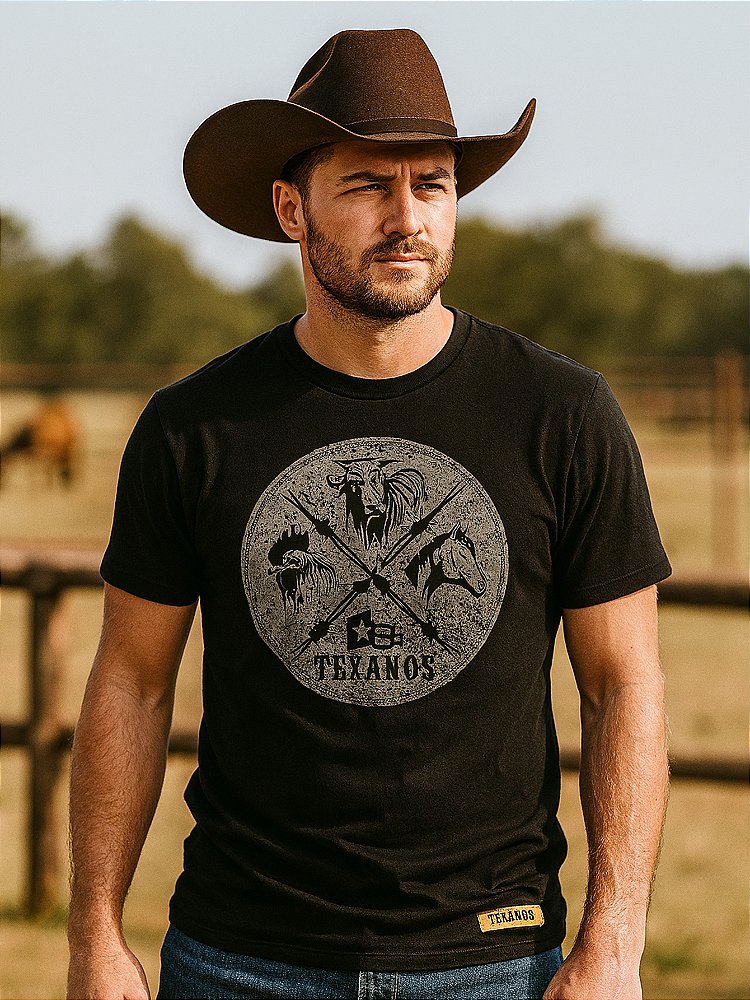 Camiseta Texas Country Preta Masculina Manga Curta Rodeio Algodao