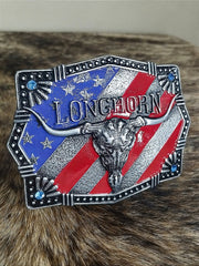 Fivela Master Long Horn Prata Bandeira EUA Cowboy Country