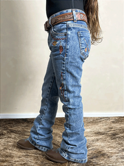 Calça Jeans Infantil Texas Farm Menina Bordada Flare Pena