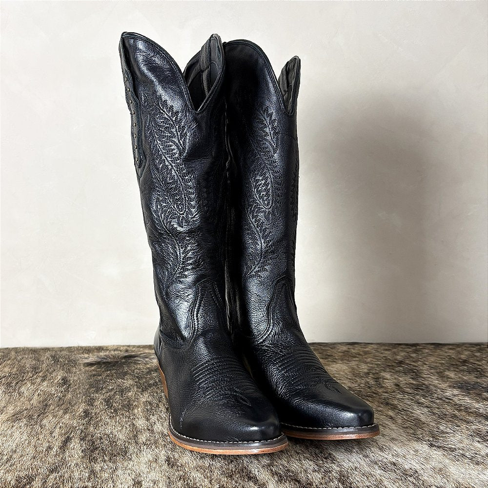 Bota Feminina Couro Legítimo Bordada Bico Fino Rodeio Texana