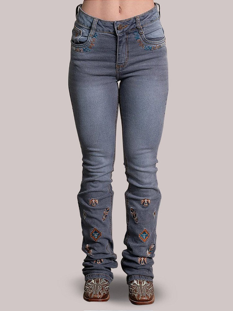 Calça Jeans Feminina Texas Farm Country Bordada Flare Agro