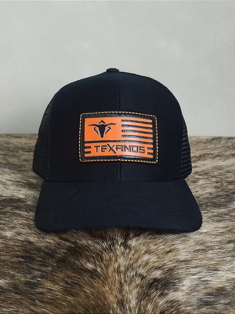 Boné Country Redinha Aba Curva Texanos Trucker Preto Laranja