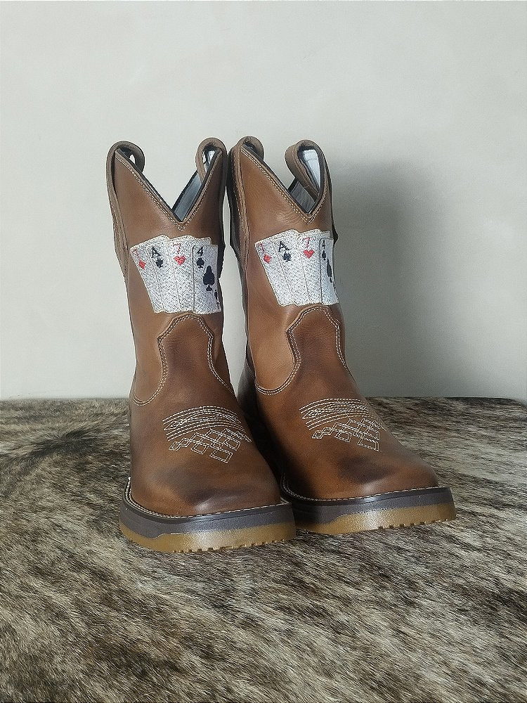 Bota Texana Masculina Couro Cano Alto Solado Jump Baralho