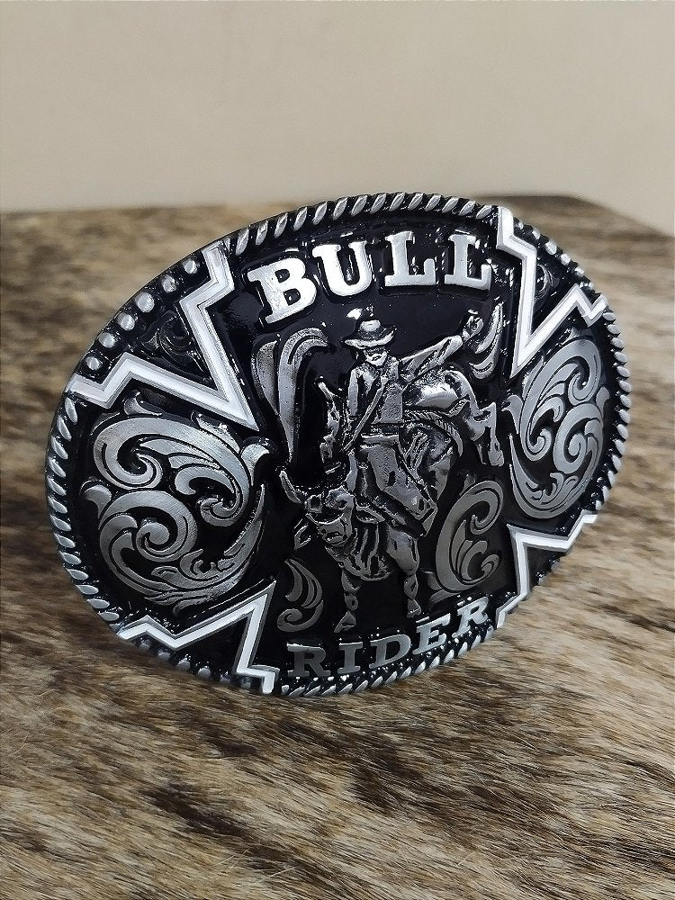 Fivela Bull Rider Preta e Prata Oval Master Country Western