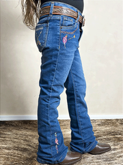 Calça Jeans Menina Infantil Bordada Flare Rodeio Texas Farm