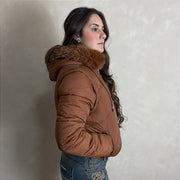 Jaqueta Feminina Puffer Estilosa Manga Removível Top Marrom