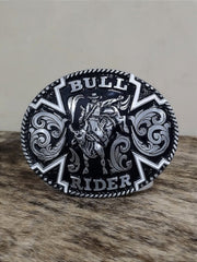 Fivela Bull Rider Preta e Prata Oval Master Country Western