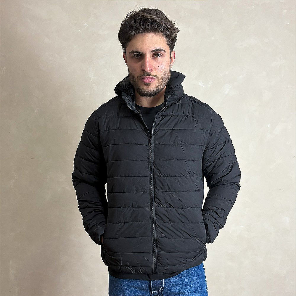 Jaqueta Casaco Masculino Blusa Puffer Inverno Zíper Preto