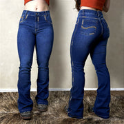 Calça Jeans Feminina Flare West Country Escura Bordada Agro