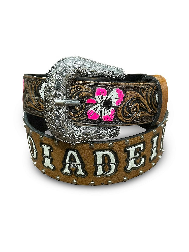 Cinto Country Infantil Feminino Couro Cowboy Rodeio Floral