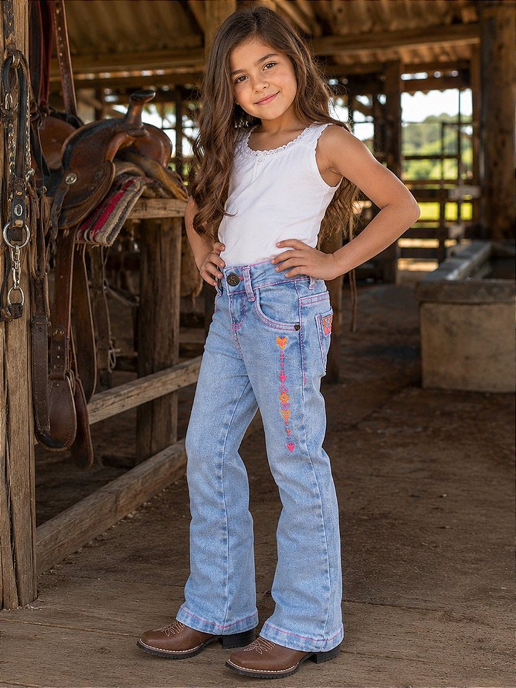 Calça Texas Farm Infantil Bordada Flare Barra Larga Clara