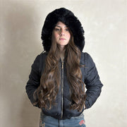 Jaqueta Feminina Puffer Nylon Manga Removível Bomber Preto