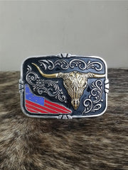 Fivela Long Horn Preta Master Country Cowboy Bandeira USA
