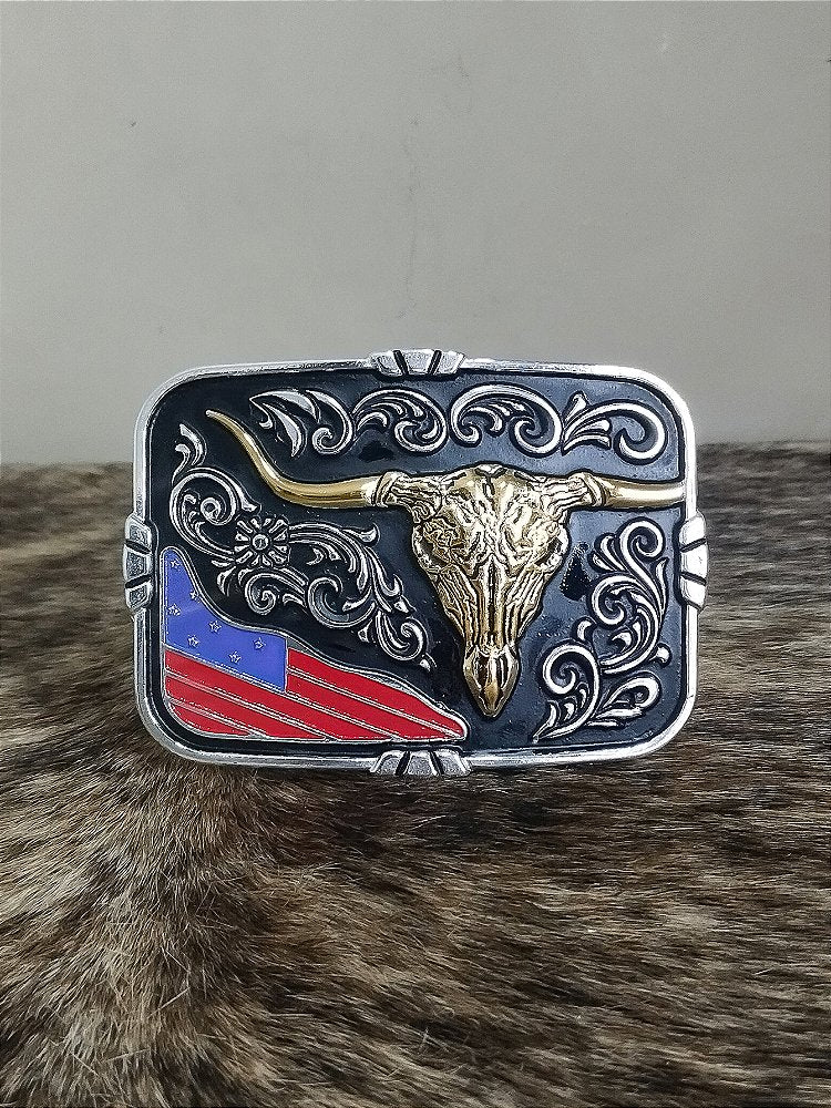 Fivela Long Horn Preta Master Country Cowboy Bandeira USA
