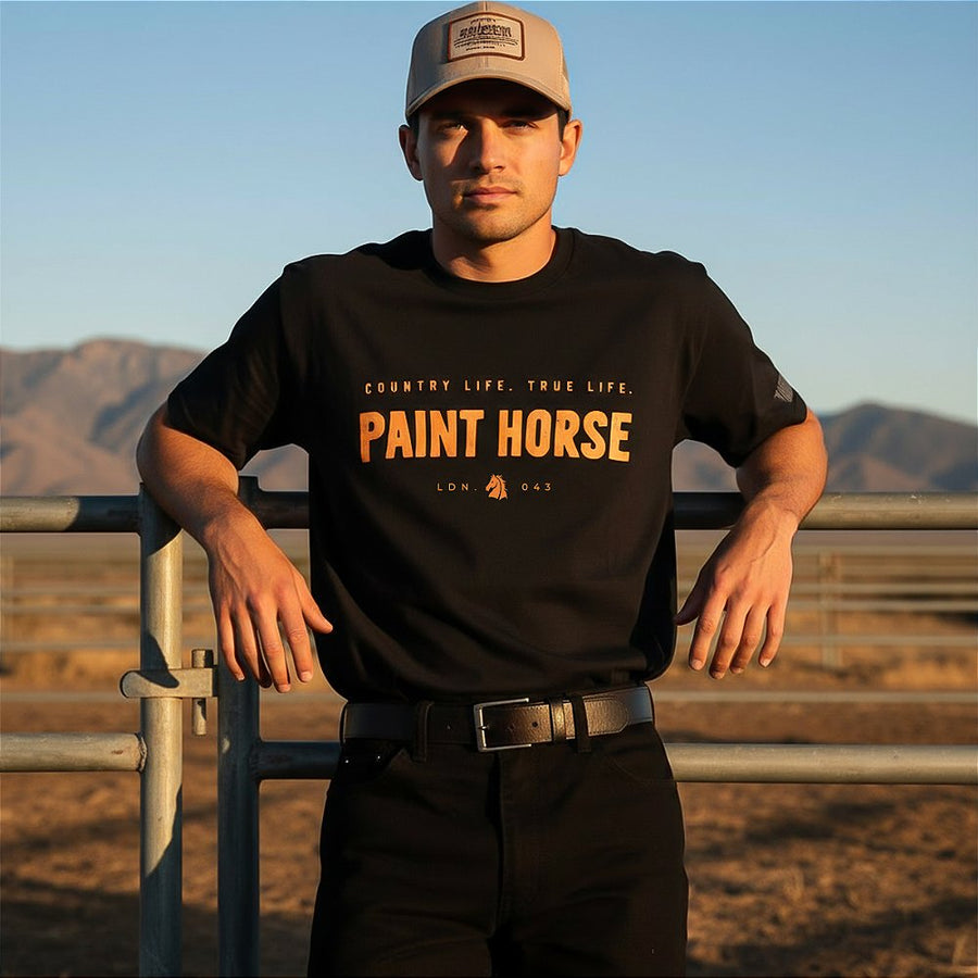 Camiseta Masculina Preta Country Manga Curta Paint Horse