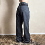 Calça Jeans Feminina Escura Cargo Moon Cintura Alta Larga