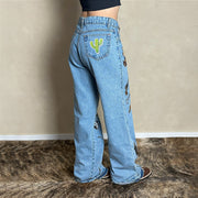 Calça Jeans Country Feminina Wide Leg Estampada Cargo Paint