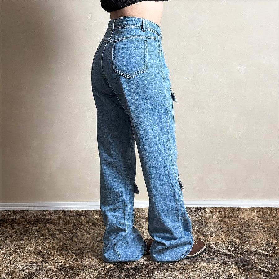 Calça Jeans Feminina Cargo Bolsos Frontais Pandora Wide Leg