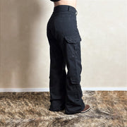 Calça Jeans Feminina Preta Cargo Eclipse Bolsos Laterais
