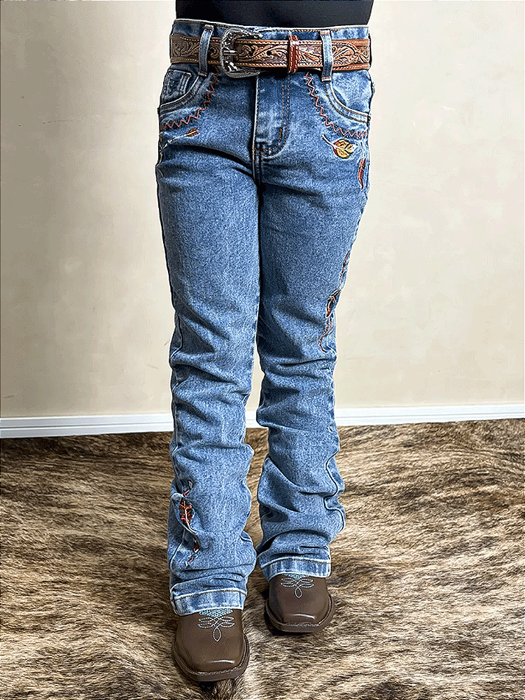Calça Jeans Infantil Texas Farm Menina Bordada Flare Pena