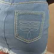 Saia Jeans Feminina Bordada Curta Barra Desfiada Clara Top