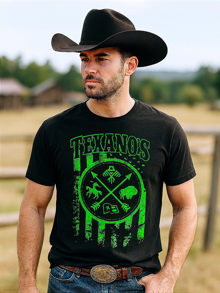 Camiseta Country Masculina Preta Texanos Cowboy Manga Curta Vaquejada
