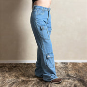Calça Jeans Feminina Cargo Bolsos Frontais Pandora Wide Leg