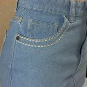 Saia Jeans Feminina Bordada Curta Barra Desfiada Clara Top