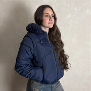 Jaqueta Feminina Puffer Estilosa Manga Capuz Removível Azul