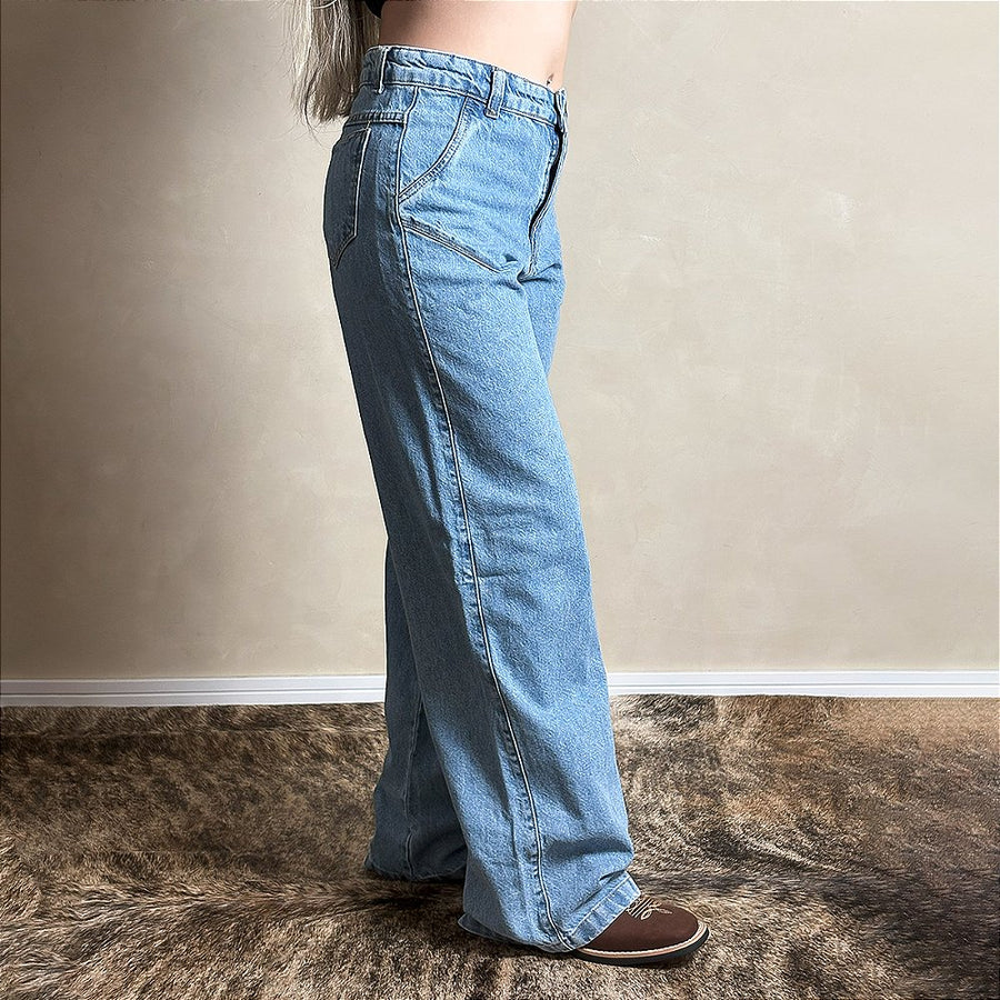 Calça Jeans Feminina Wide Leg Luna Larga Lisa Cintura Alta