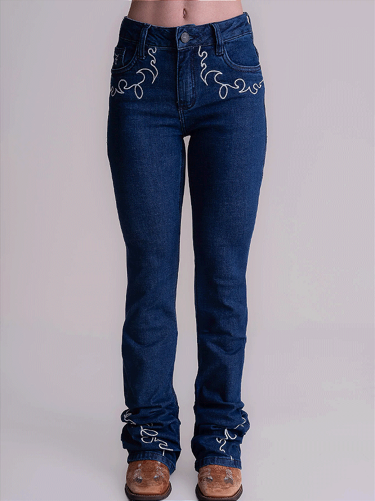 Calça Jeans Country Feminina Bordada Flare Barra Larga Agro