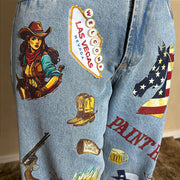 Calça Jeans Country Feminina Wide Leg Estampada Cargo Paint