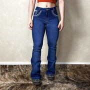Calça Jeans Feminina Flare West Country Escura Flor Bordada