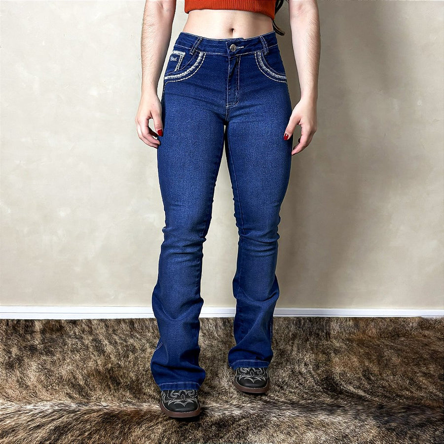 Calça Jeans Feminina Flare West Country Escura Flor Bordada