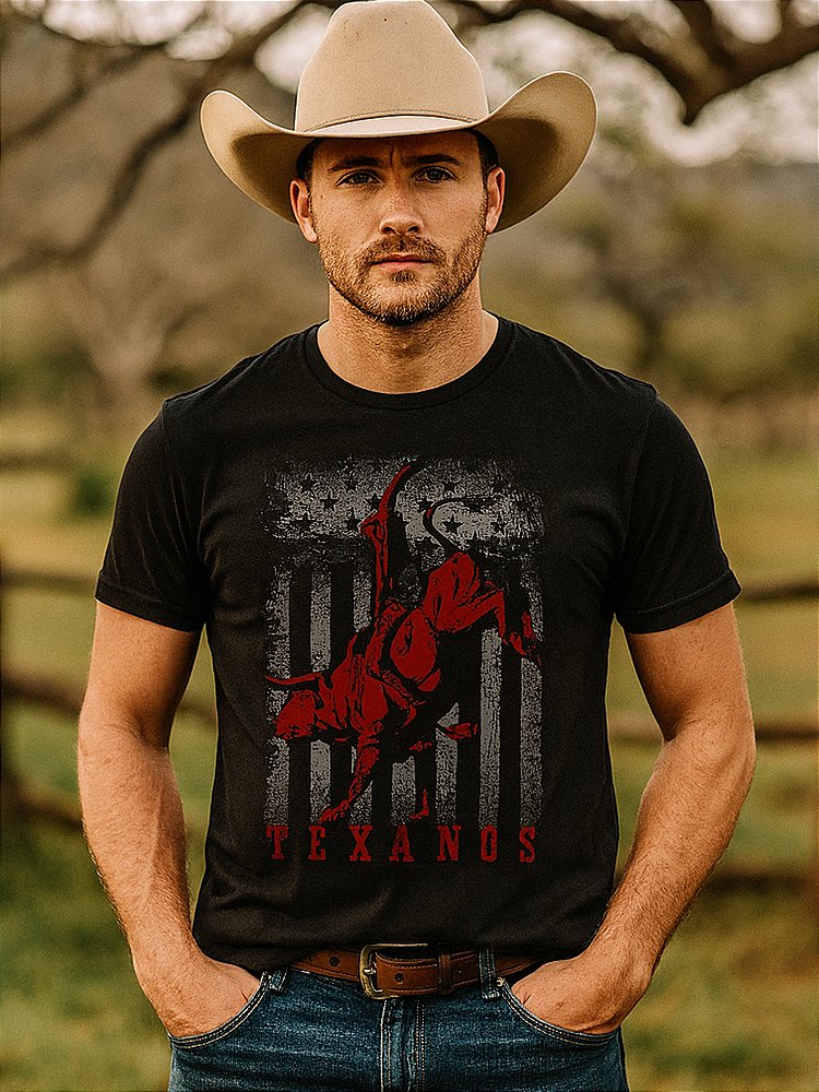 Camiseta Country Preta Texanos Cowboy Manga Curta Tx