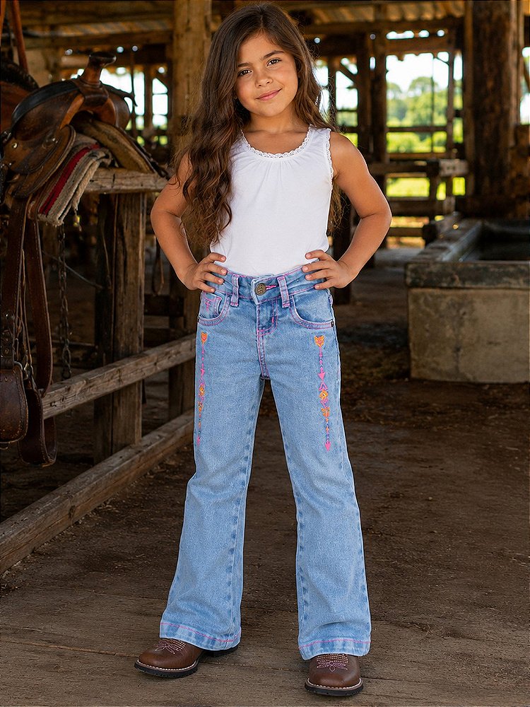 Calça Texas Farm Infantil Bordada Flare Barra Larga Clara