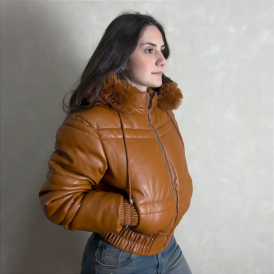 Jaqueta Feminina Cropped Curta Puffer Bobojaco Frio Marrom