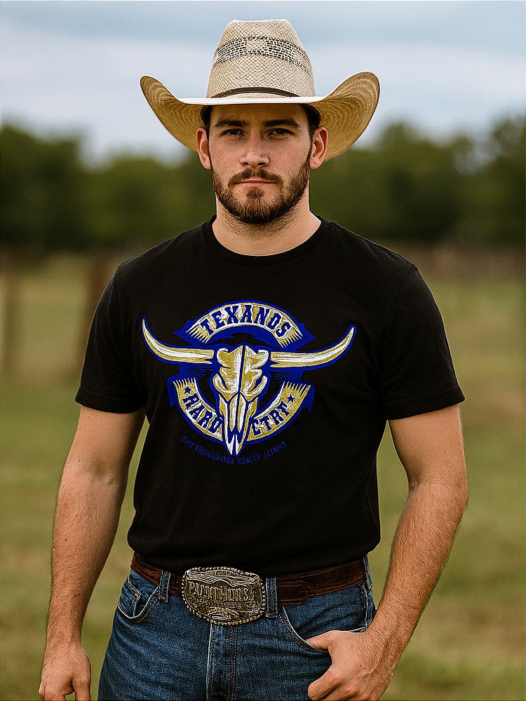 Camiseta Country Preta Texanos Cowboy Manga Curta Vaquejada
