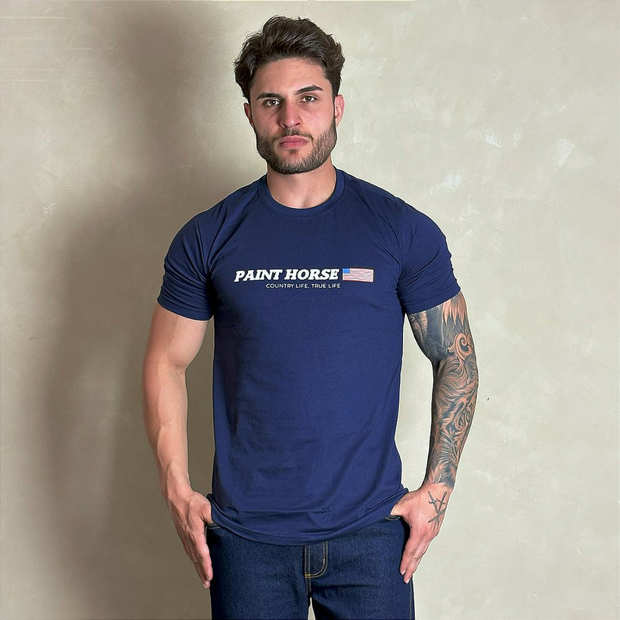 Camiseta Masculina Country Azul Bandeira EUA Paint Horse