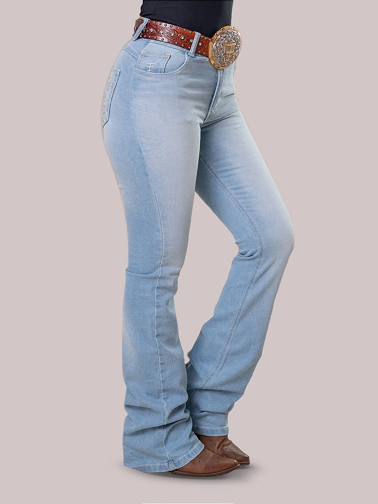 Calça Jeans Feminina Texas Farm Barra Larga Azul Claro Agro