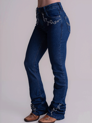 Calça Jeans Flare Feminina Country Bordada Rodeio Cós Alto